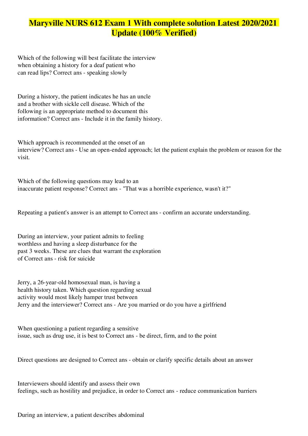 Preview image for Maryville NURS 612 Exam 1 With complete solution Latest 2020/2021 Update (100% Verified)